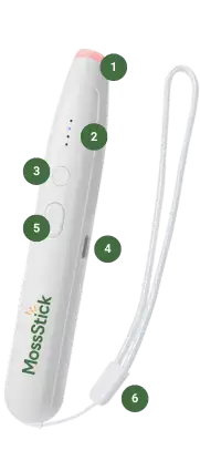 MossStick avec annotations : plaque céramique, indicateur de température, bouton, USB-C, modes, dragonne